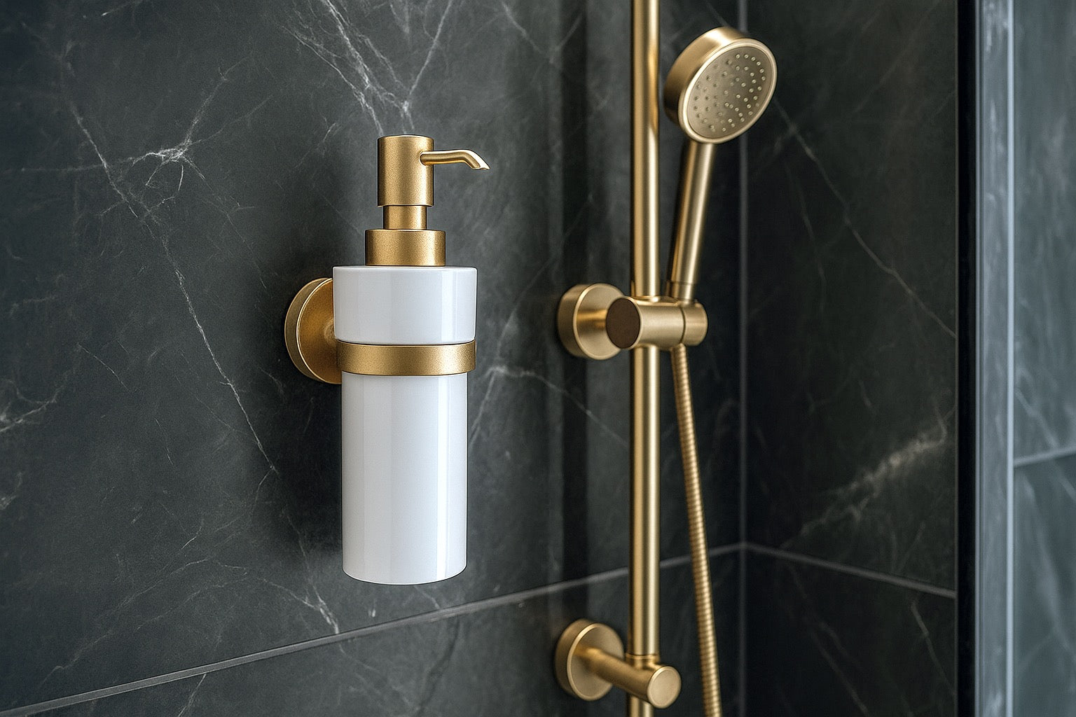 Seifenspender Wandmodell – Gold gebürstet & Porzellan, 200 ml