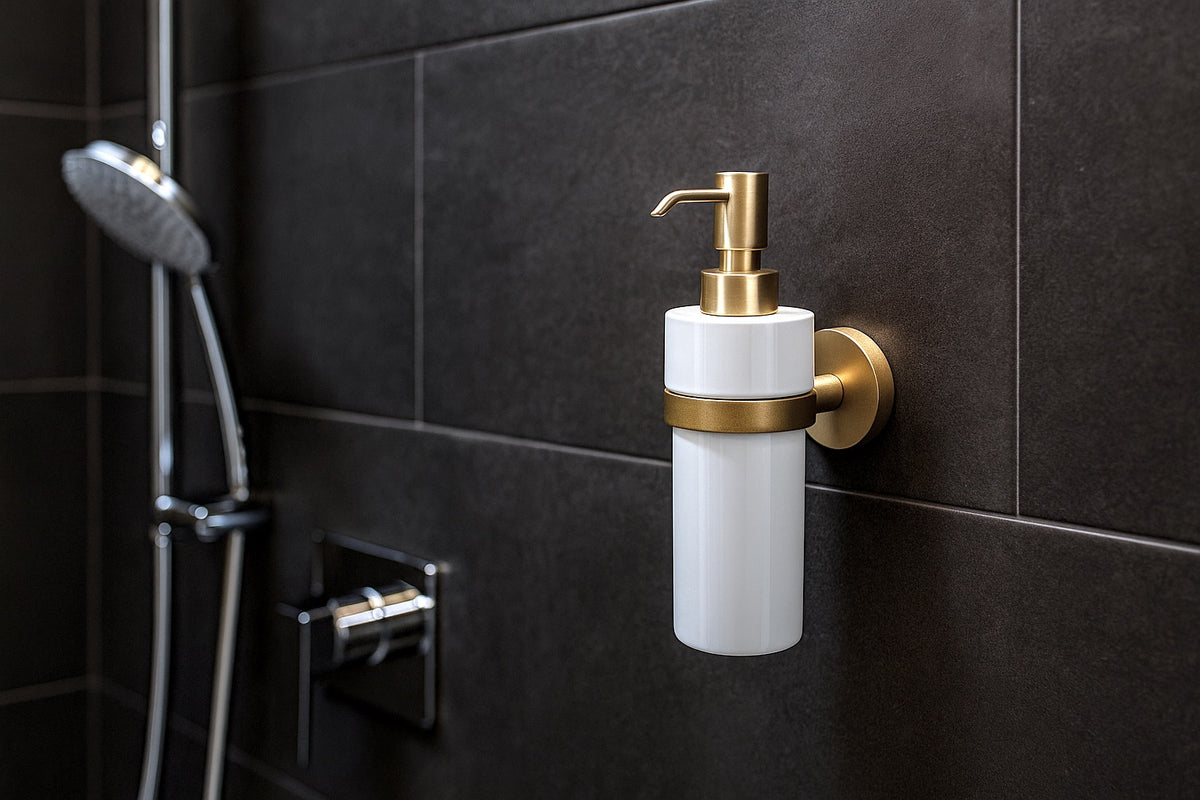 Seifenspender Wandmodell – Gold gebürstet &amp; Porzellan, 200 ml