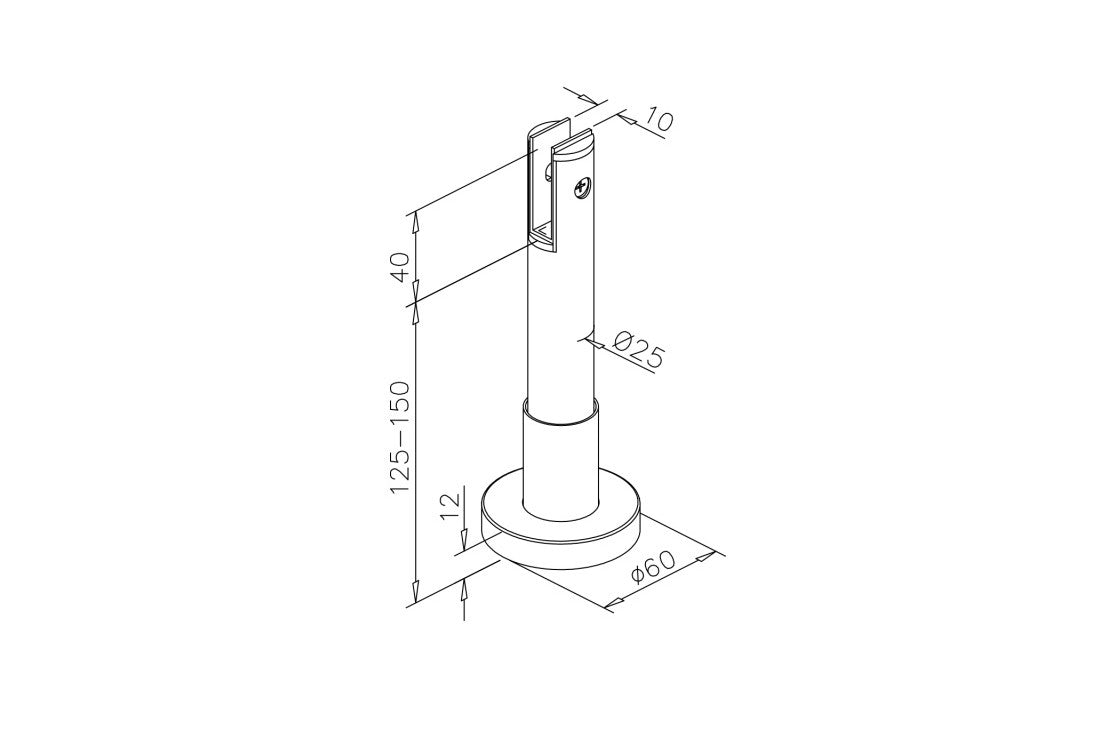 Glasstandfuß – V2A Edelstahl 10 mm Glas, höhenverstellbar 125–150 mm