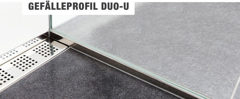 Fliesen-U-Winkelprofil "Slimline" mit Gefällekeil für Duschboden – Edelstahl K220 gebürstet – Art.Nr. GPDU
