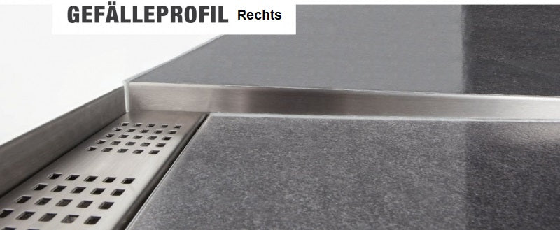 Fliesen Gefälleprofil mit 2-tlg. Gefällekeil für Duschboden – Edelstahl K220 matt geschliffen – Art.Nr. GPD