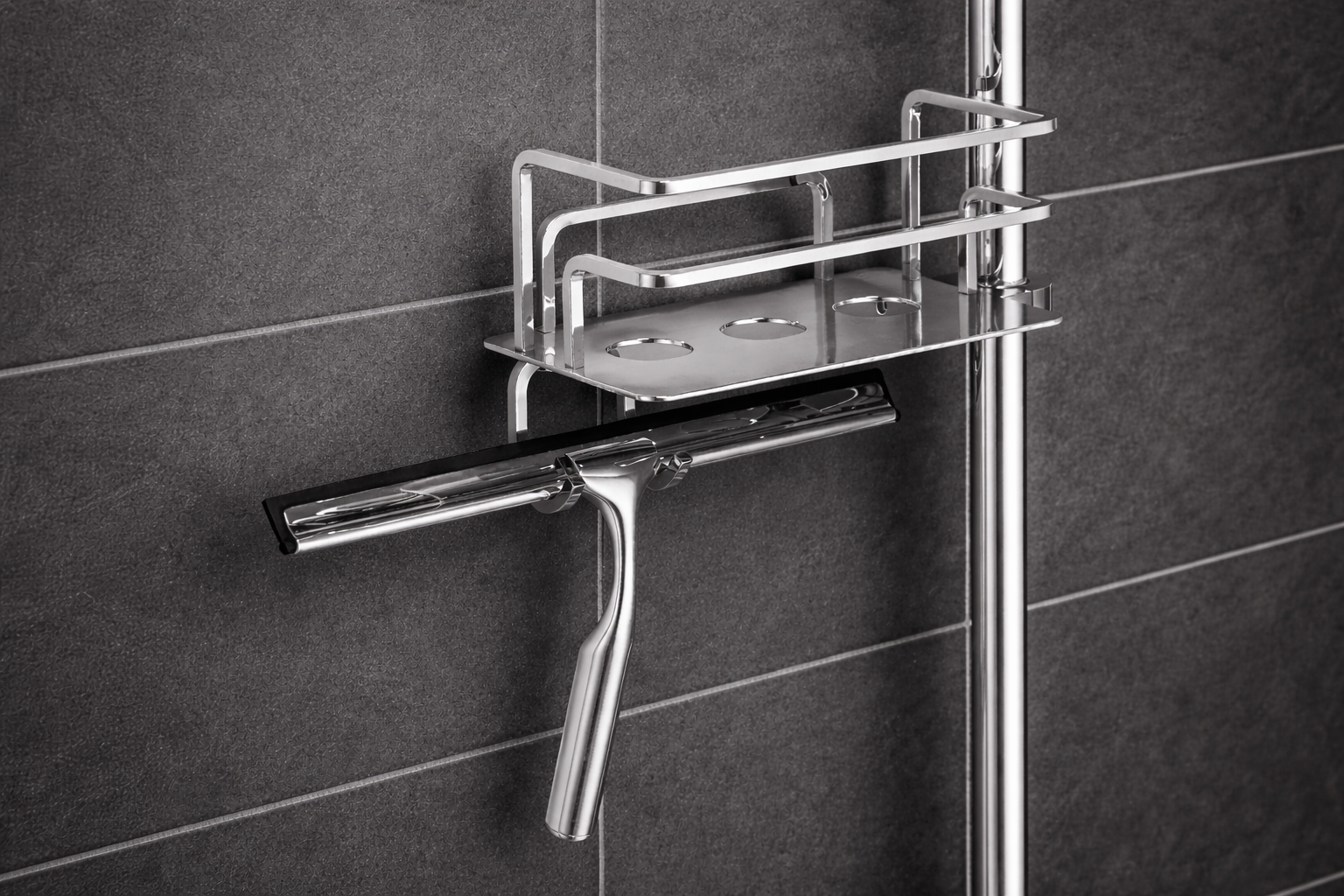 Duschkorb für Duschstange mit gerader Grundplatte, wahlweise mit oder ohne Duschabzieher, links oder rechts, für Stangen bis 25 mm