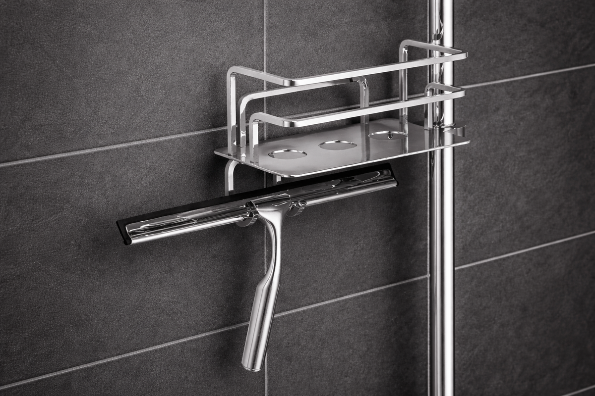 Duschkorb für Duschstange mit gerader Grundplatte, wahlweise mit oder ohne Duschabzieher, links oder rechts, für Stangen bis 25 mm