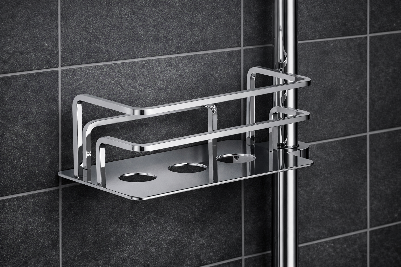 Duschkorb für Duschstange mit gerader Grundplatte, wahlweise mit oder ohne Duschabzieher, links oder rechts, für Stangen bis 25 mm