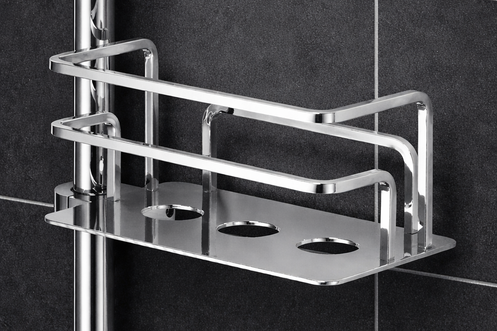 Duschkorb für Duschstange mit gerader Grundplatte, wahlweise mit oder ohne Duschabzieher, links oder rechts, für Stangen bis 25 mm