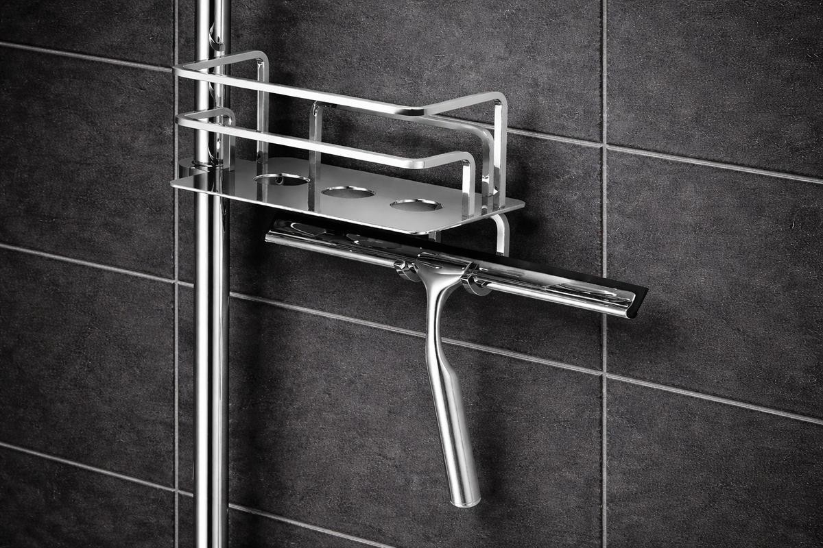 Duschkorb für Duschstange mit gerader Grundplatte, wahlweise mit oder ohne Duschabzieher, links oder rechts, für Stangen bis 25 mm