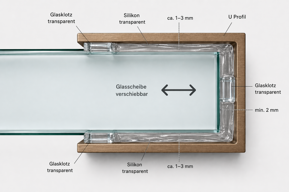 Alu U-Profil SDCD3812 – Silikonverklebung Glasscheibe, 13 Farben