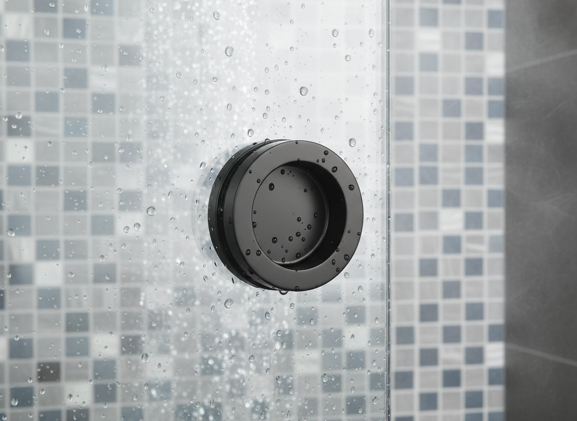 Griffmuschel aus Edelstahl für Glastüren, Ø 60 mm / 38 mm, mit Bohrung, verschraubt