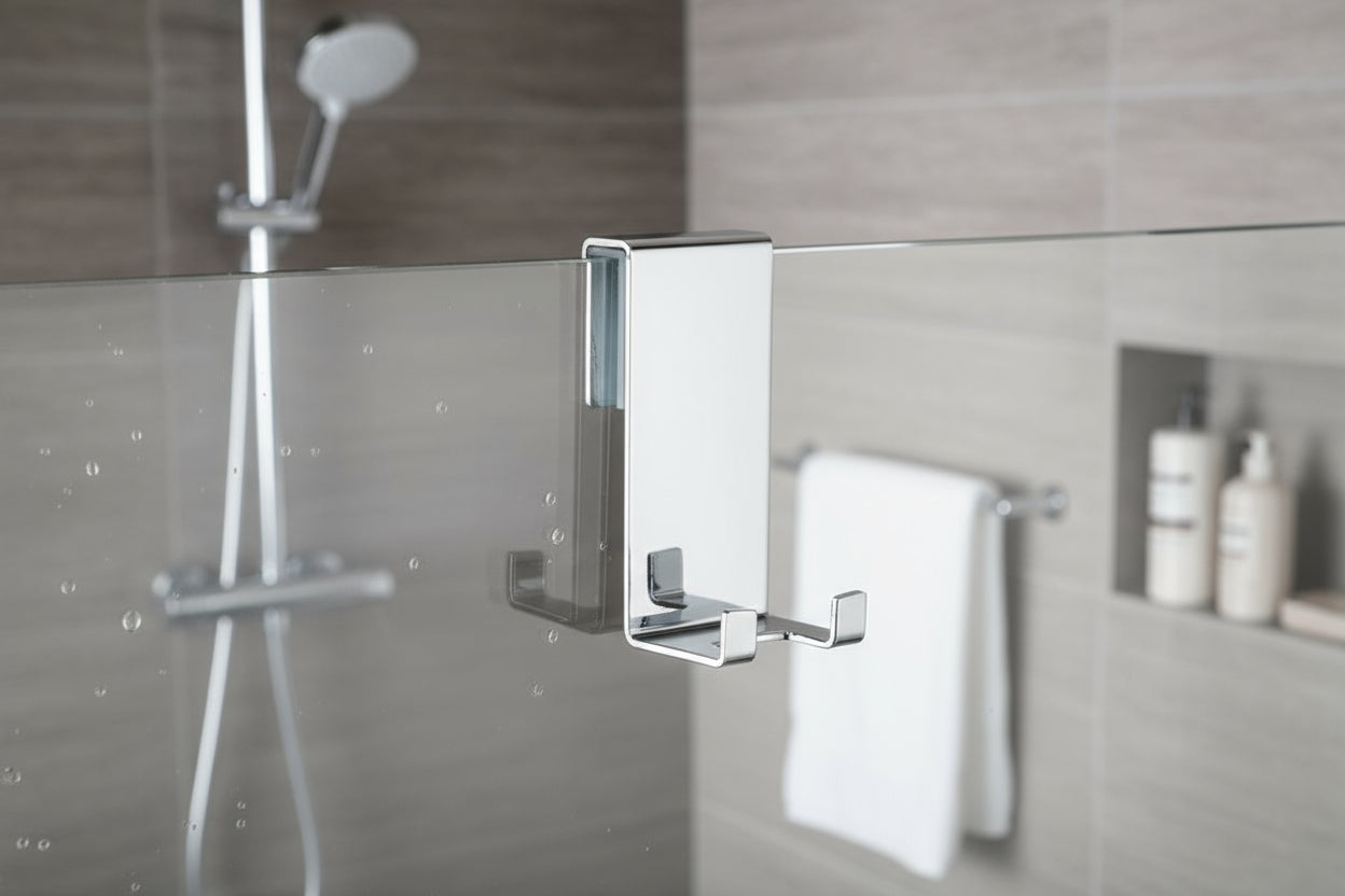 Halter an Glasdusche mit 2 Haken