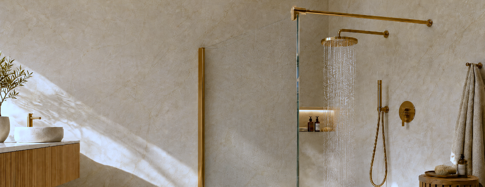 Glasdusche mit Stabistange und Regenbrause in Bronze in einem hellen Bad