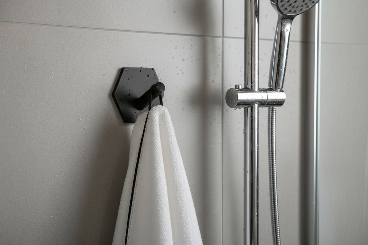 Design-Wandhaken Hexagon selbstklebend (45x52 mm) – Edelstahl – Schwarz Matt oder Chrom