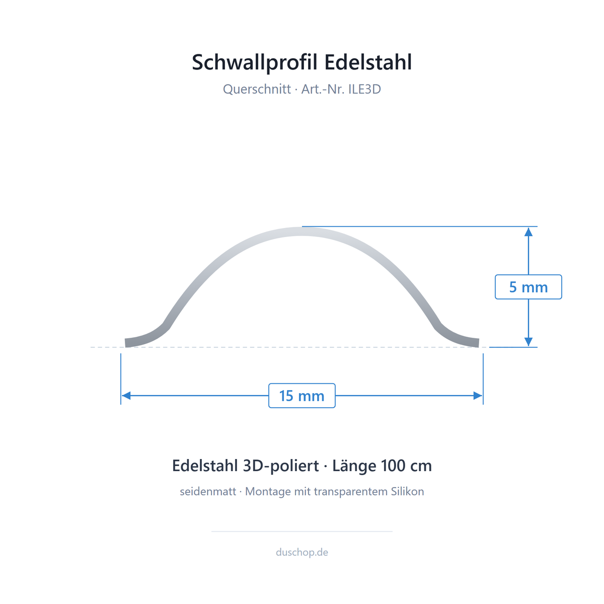Querschnitt Schwallprofil ILE3D, symmetrischer Bogen, 15 mm breit und 5 mm hoch