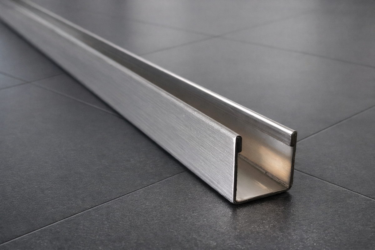 Edelstahl-U-Wandprofil für 8 und 10 mm Glas – Höhe 15 mm – K220 matt oder 3D-poliert – Art.Nr. UB15