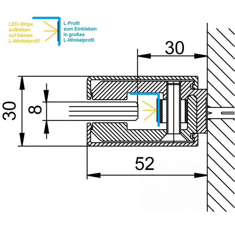 LED-Klemmprofil-Set mit eckigen Abdeckprofilen, Typ GR für Glasdicke 8 mm, inkl. L-Profil 13 x 13 mm für LED-Lichtband