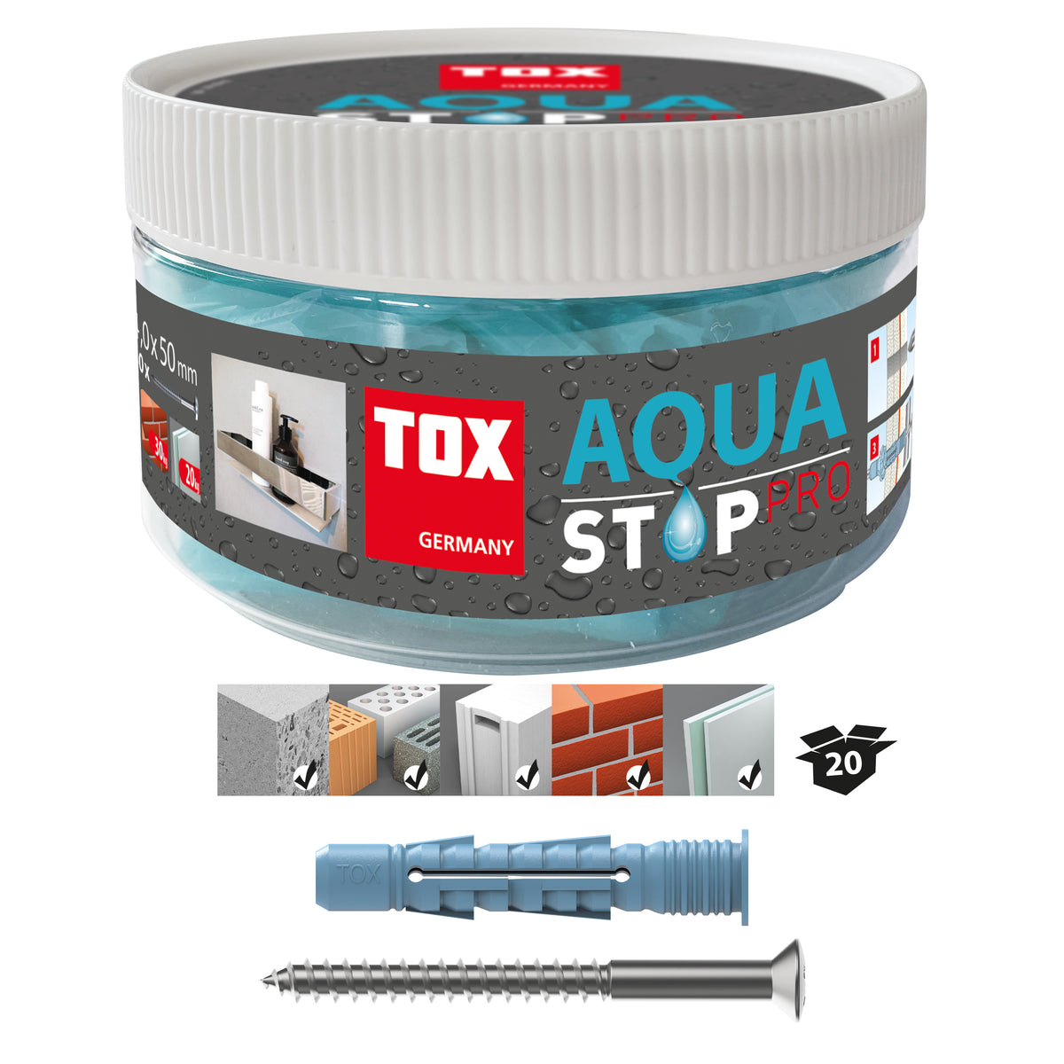 TOX Aqua Stop Pro, abdichtender Allzweckdübel für Nassbereiche, 6 mm und 8 mm, inklusive Schraube Edelstahl Schraube, TX Antrieb,