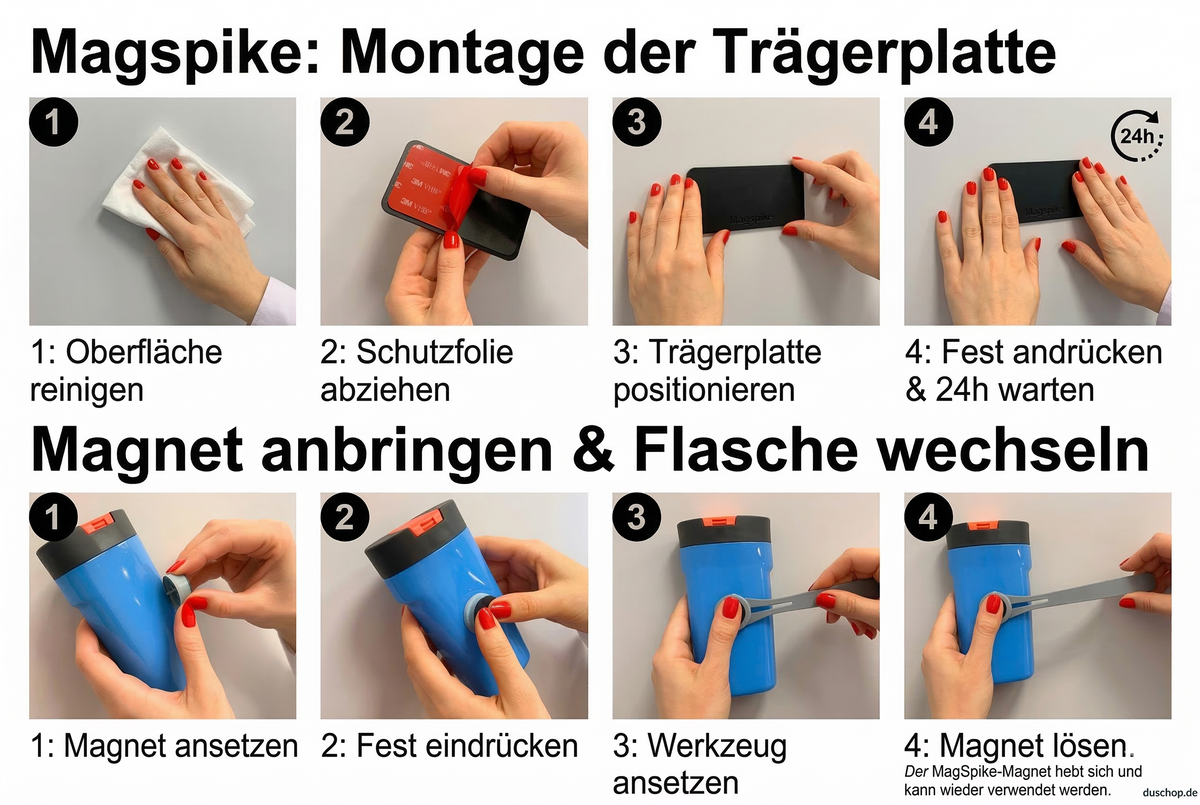 Die magnetische Aufhängung für Duschgel und Shampoo an Wandplatte, Typ MagSpike