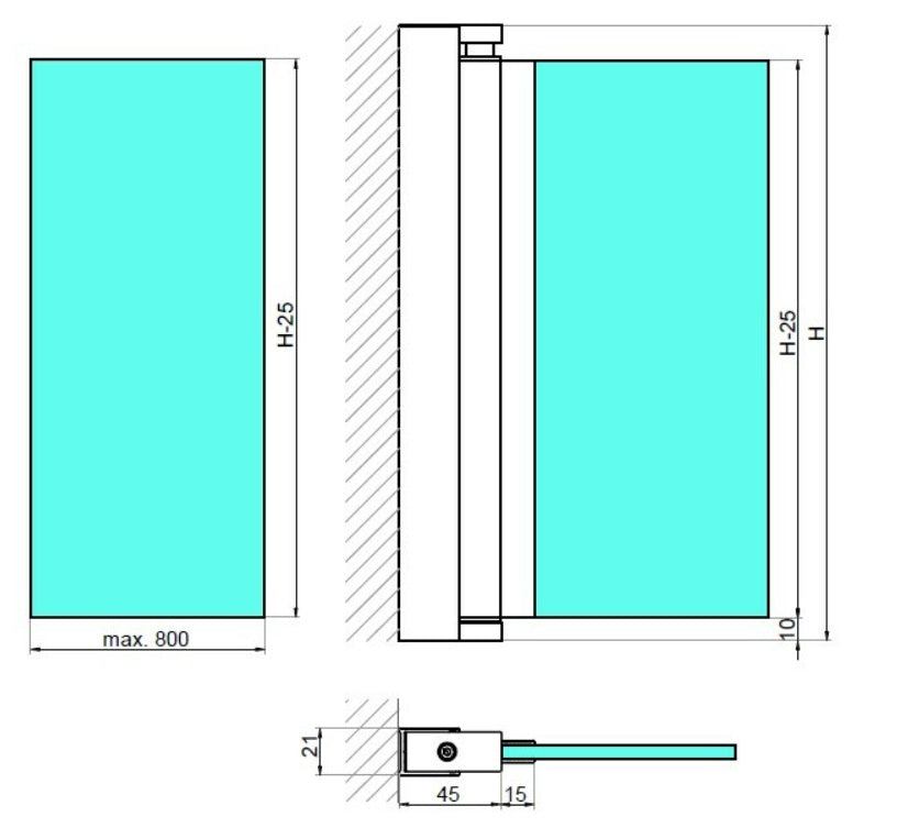 Drehbares Duschtürwandprofil für 8 mm Glas - Serie NLO60 - eckig - 1900 mm