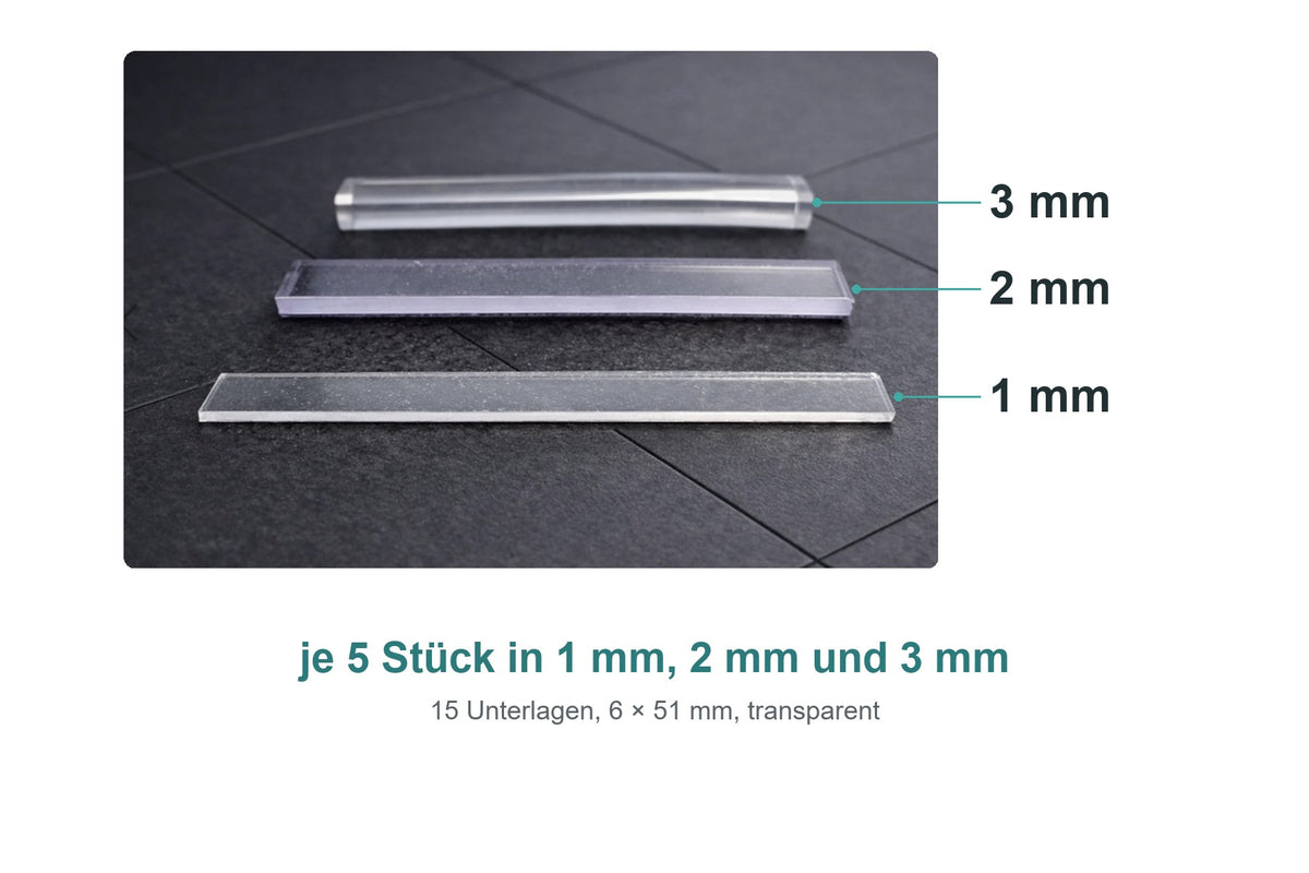 Montage-Set transparente Unterlagen 1 mm, 2 mm und 3 mm, je 5 Stück, für rahmenlose Glasduschen mit U-Profil