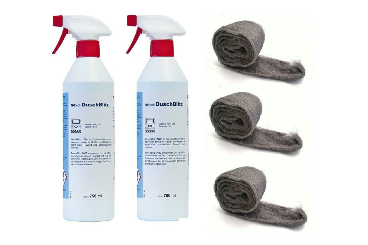 Profi-Set für sauberes Glas der Duschkabine – 2x Pflegereiniger 750 ml + 3m Stahlwolle Typ 0000, Art.Nr. 061020