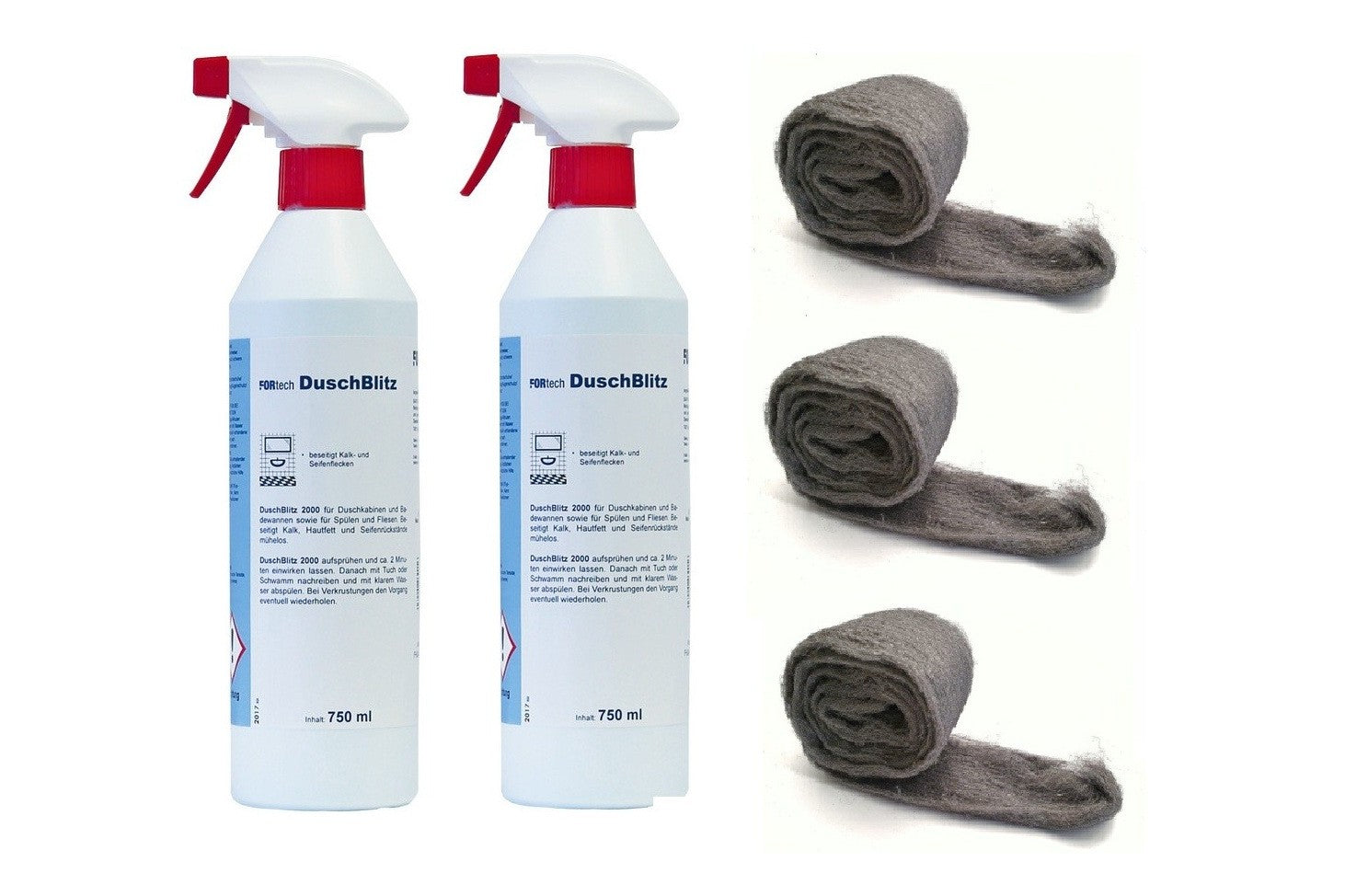 Profi-Set für sauberes Glas der Duschkabine – 2x Pflegereiniger 750 ml + 3m Stahlwolle Typ 0000, Art.Nr. 061020