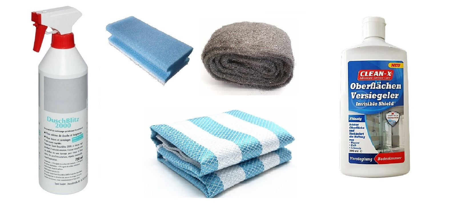 Komplett-Set für Duschglas Reinigung und Versiegelung, mit DuschBlitz, Stahlwolle und Invisible Shield