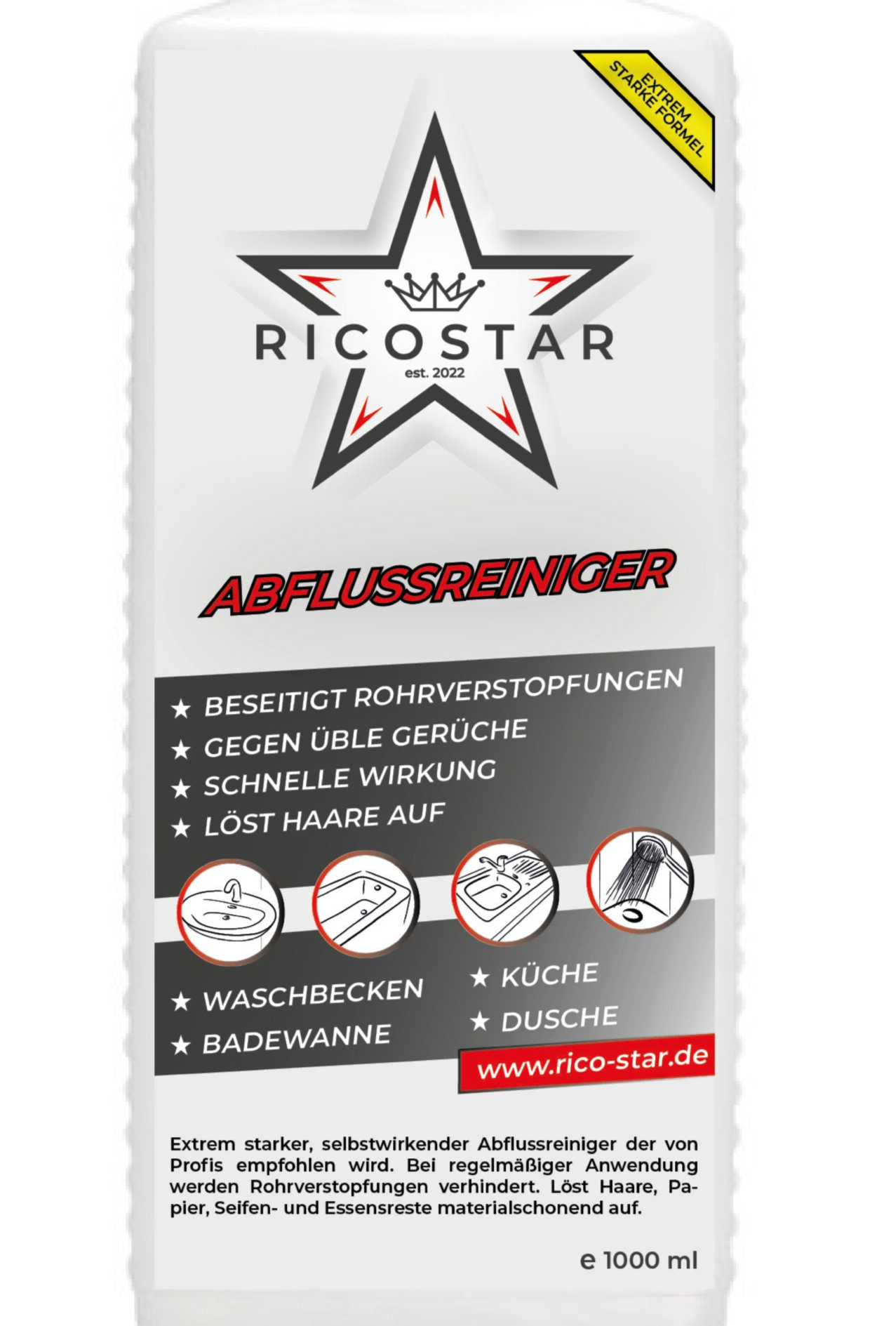 Ricostar Abflussreiniger für Dusche, Waschbecken, Badewannen und Küche, 1000 ml