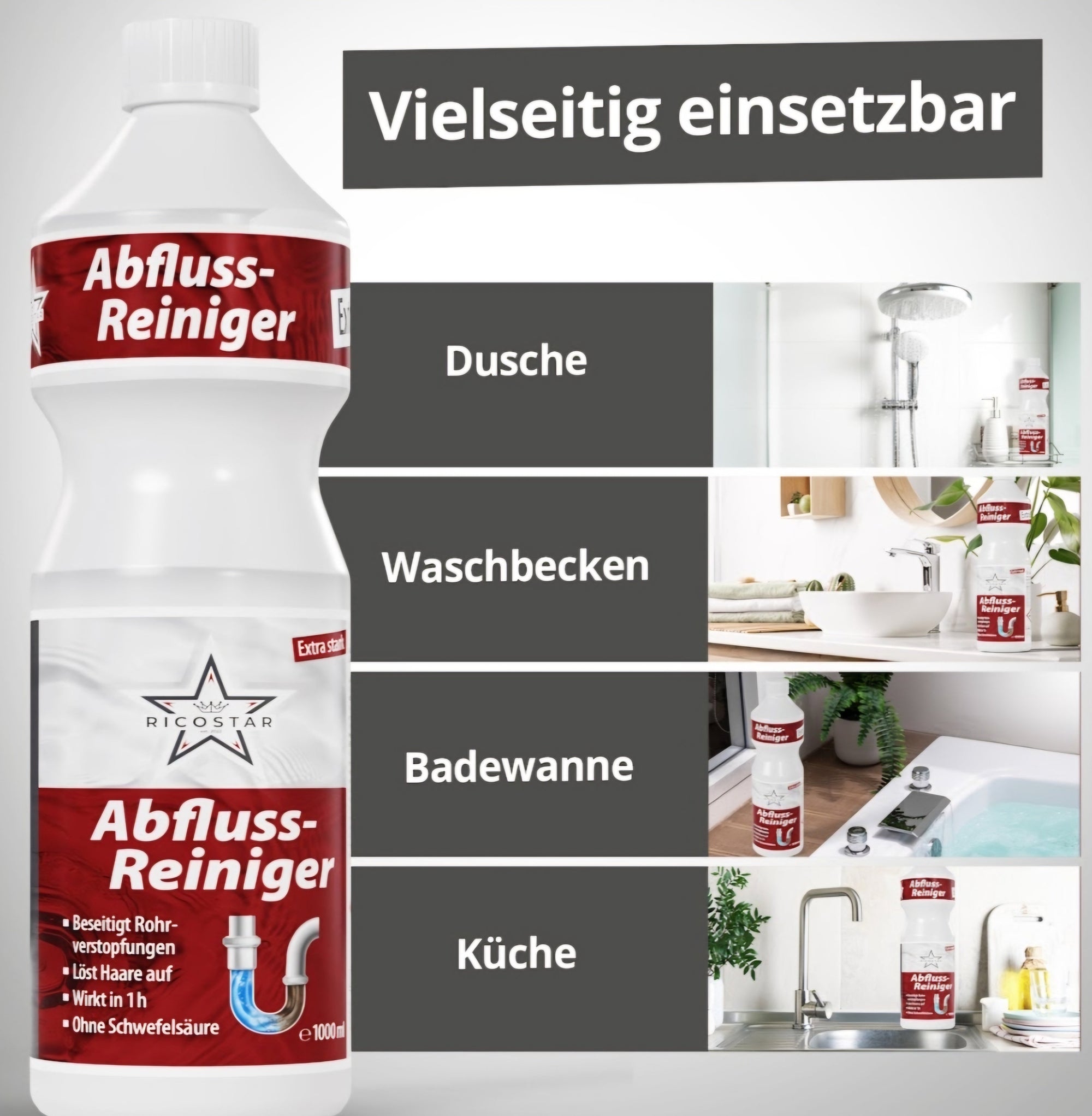 Ricostar Abflussreiniger für Dusche, Waschbecken, Badewannen und Küche, 1000 ml