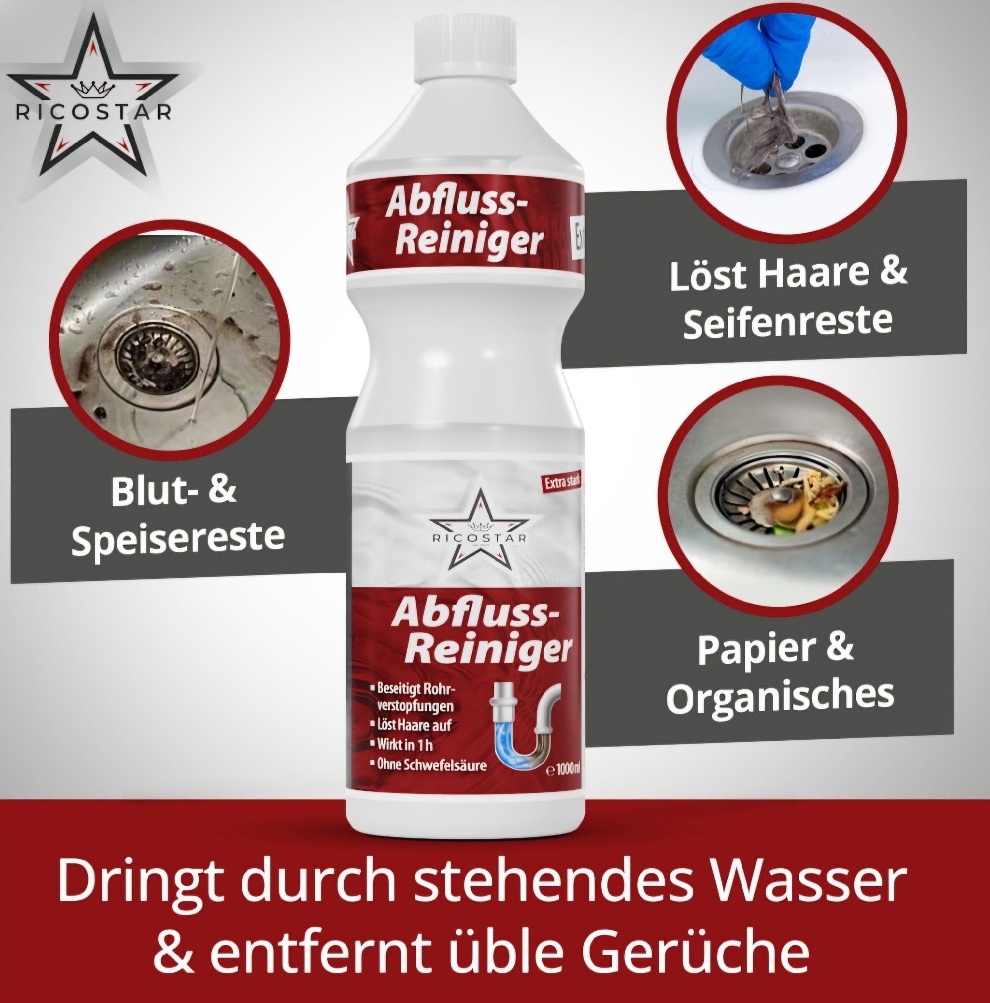 Ricostar Abflussreiniger für Dusche, Waschbecken, Badewannen und Küche, 1000 ml