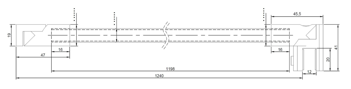 Maßzeichnung Stabistangen-Set rund Ø 12 mm: Gesamtlänge 1240 mm, Stange 1198 mm, Wandhalter 47 mal 19 mm, Glashalter 45,5 mal 41 mm, Glasaufnahme 12 mm, Klemmbacke 20 mm