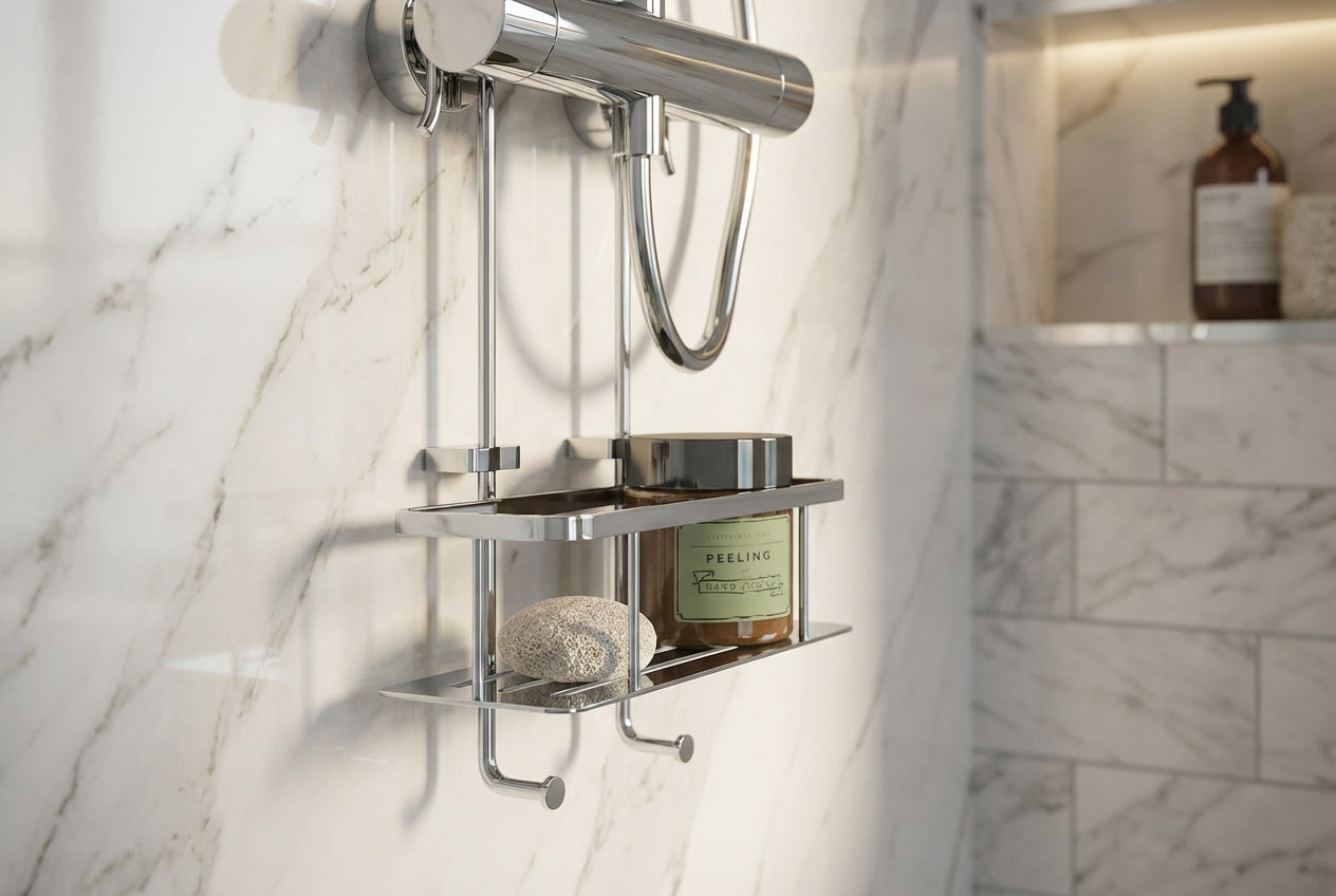 SIDELINE Duschkorb an Aufputz-Armatur, 250 × 100 mm, Chrom poliert oder Schwarz