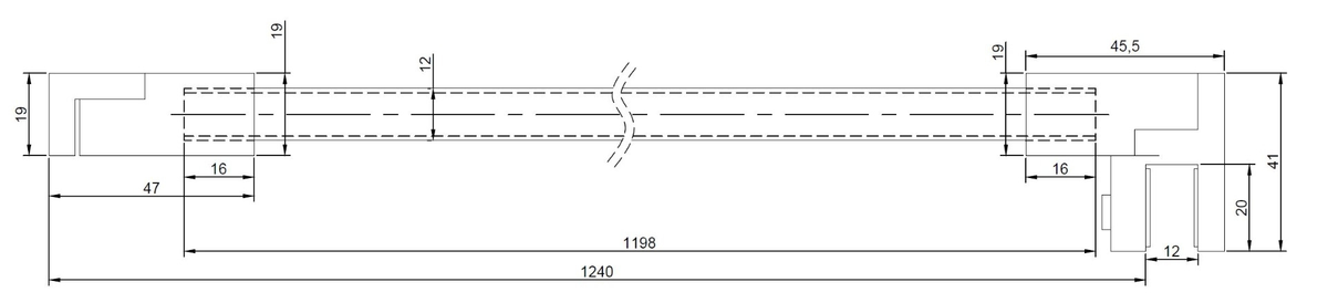 Maßzeichnung Stabistangen-Set eckig 12 mal 12 mm: Gesamtlänge 1240 mm, Stange 1198 mm, Stangenquerschnitt 12 mal 12 mm, Wandhalter 47 mal 19 mm, Glashalter 45,5 mal 41 mm, Glasaufnahme 12 mm