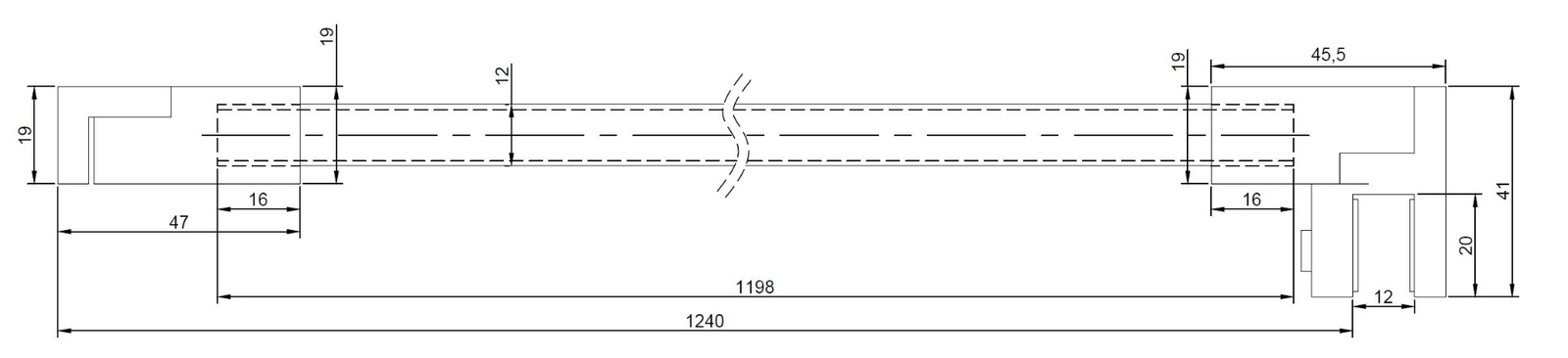 Maßzeichnung Stabistangen-Set eckig 12 mal 12 mm: Gesamtlänge 1240 mm, Stange 1198 mm, Stangenquerschnitt 12 mal 12 mm, Wandhalter 47 mal 19 mm, Glashalter 45,5 mal 41 mm, Glasaufnahme 12 mm
