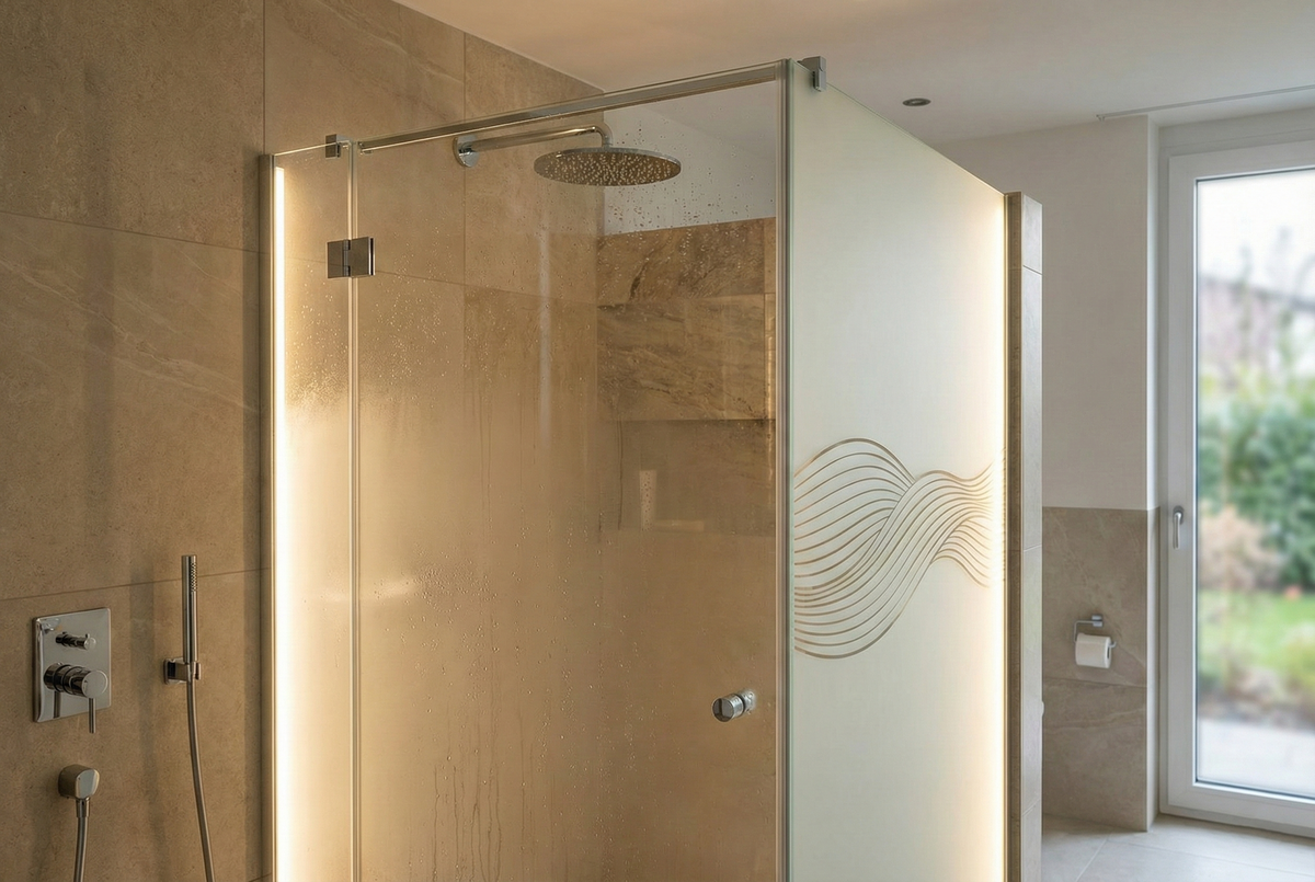 Mehrpreis: Satinato-Glas als Upgrade für gelaserte Duschtrennwände