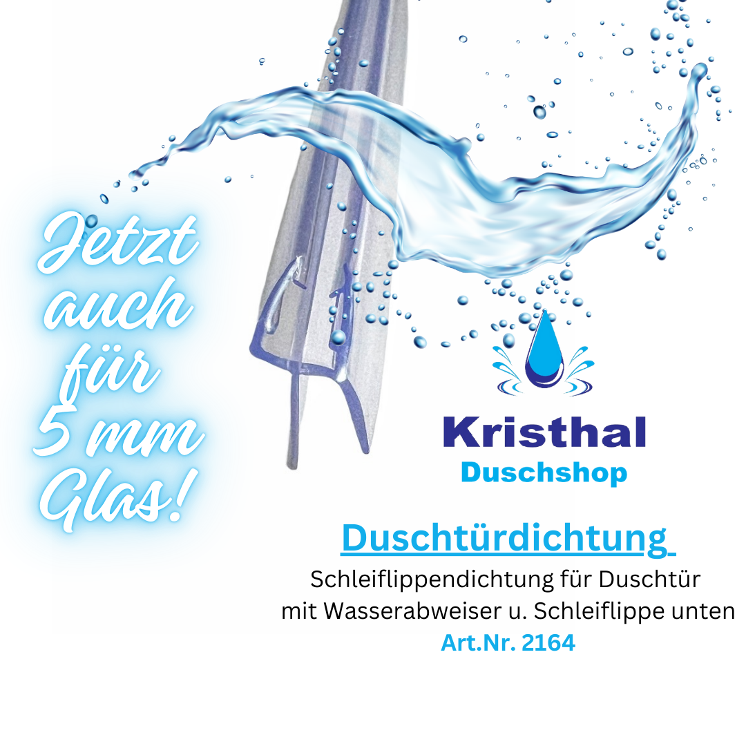 Schleiflippendichtung für Duschtür mit Wasserabweiser u. Schleiflippe unten, für 5 mm Glas, Dichtung Art.Nr. 2164