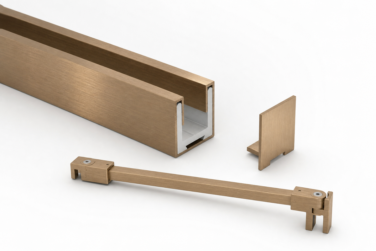 Komplett-Set Bronze matt gebürstet für feststehende Glasdusche, Stabilisierungsstange eckig 12×12 mm und U-Profil mit Edelstahlmantel, für 8 mm Glas, Art.Nr. SET-SQ1212-BEL-GBZ