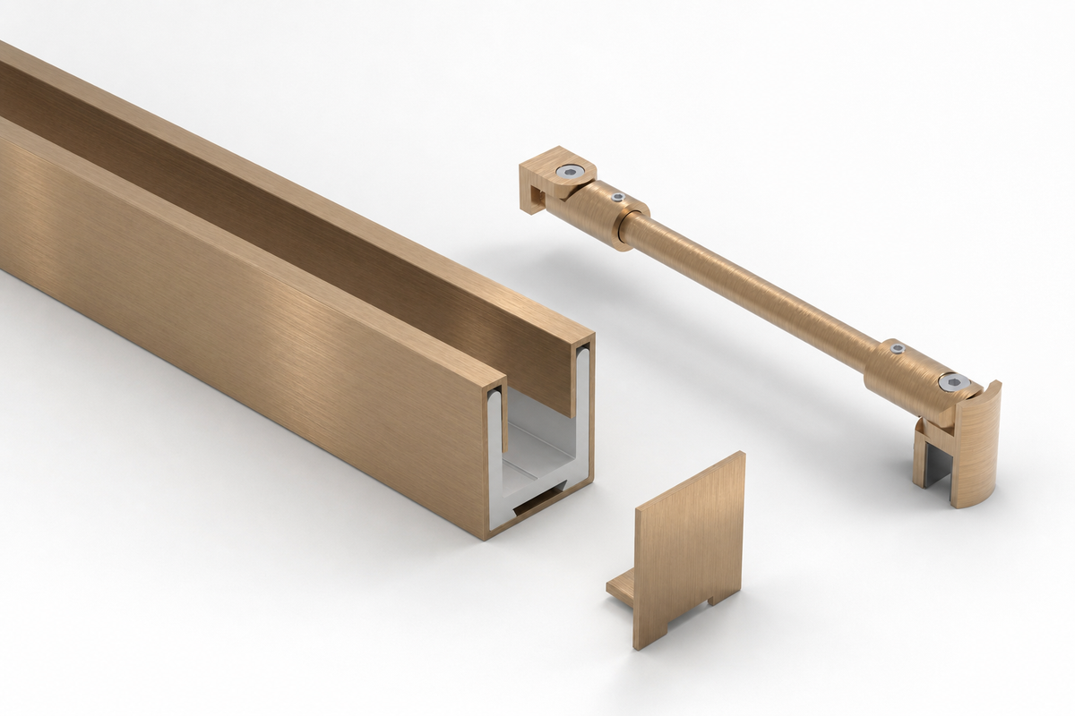 Komplett-Set Bronze matt gebürstet für feststehende Glasdusche, Stabilisierungsstange rund Ø 12 mm und U-Profil mit Edelstahlmantel, für 8 mm Glas, Art.Nr. SET-1212-BEL-GBZ