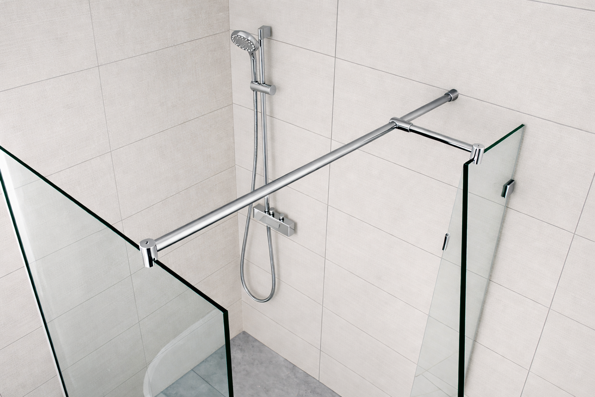 Edelstahl T-Form Stabistange Set 90° für Glasdusche, 19 mm Rohr, mit T Stück, kürzbar, für 6 bis 10 mm Glas. Art.Nr. 60182016