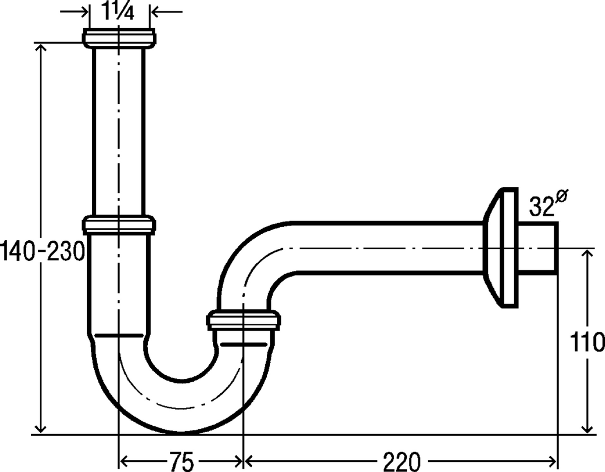Maßzeichnung Röhrensiphon 1 1/4 Zoll mit Bemaßungen Verstellrohr 140 bis 230 mm und Wandanschluss 220 mm