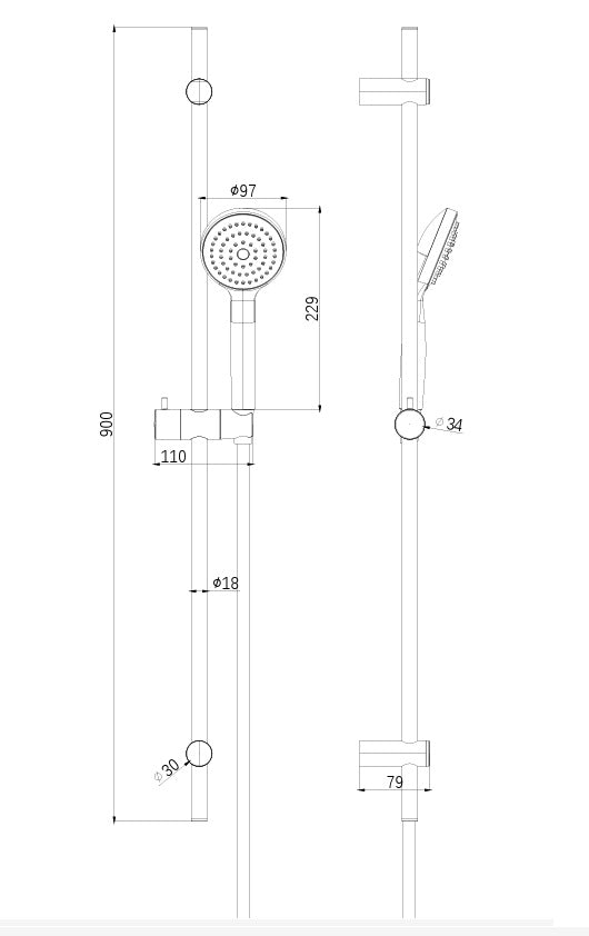 Brausegarnitur mit Handbrause – chrom, 1-strahlig, 900 mm Wandstange