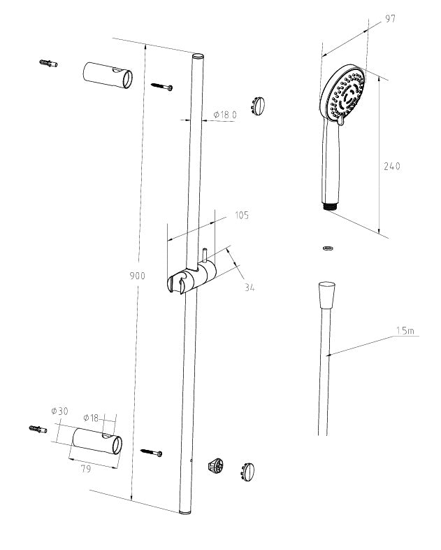 Brausegarnitur mit Handbrause – 3 Strahlarten, chrom, 900 mm Wandstange