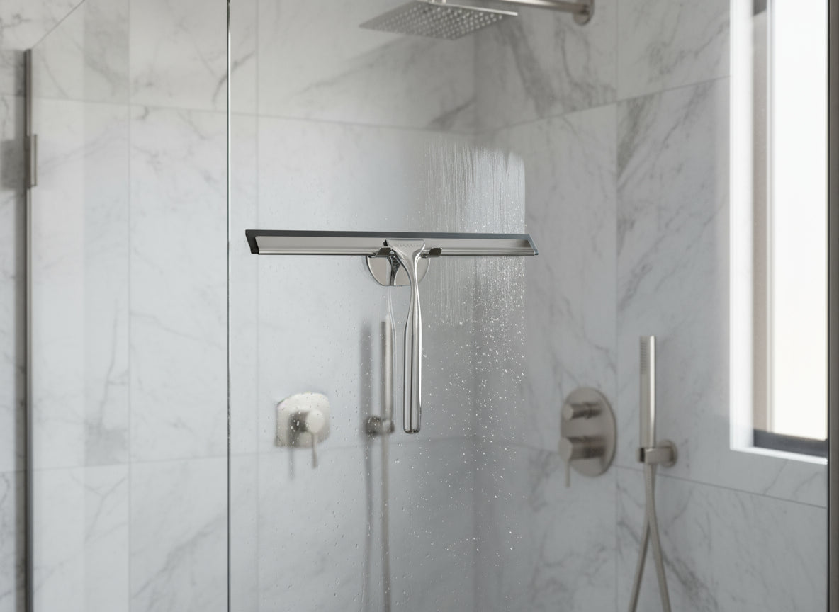 Vigour Duschwischer mit Wandhalterung verchromt – Silikonlippe hellgrau & Edelstahl-Schiene – Art.Nr. V3DW