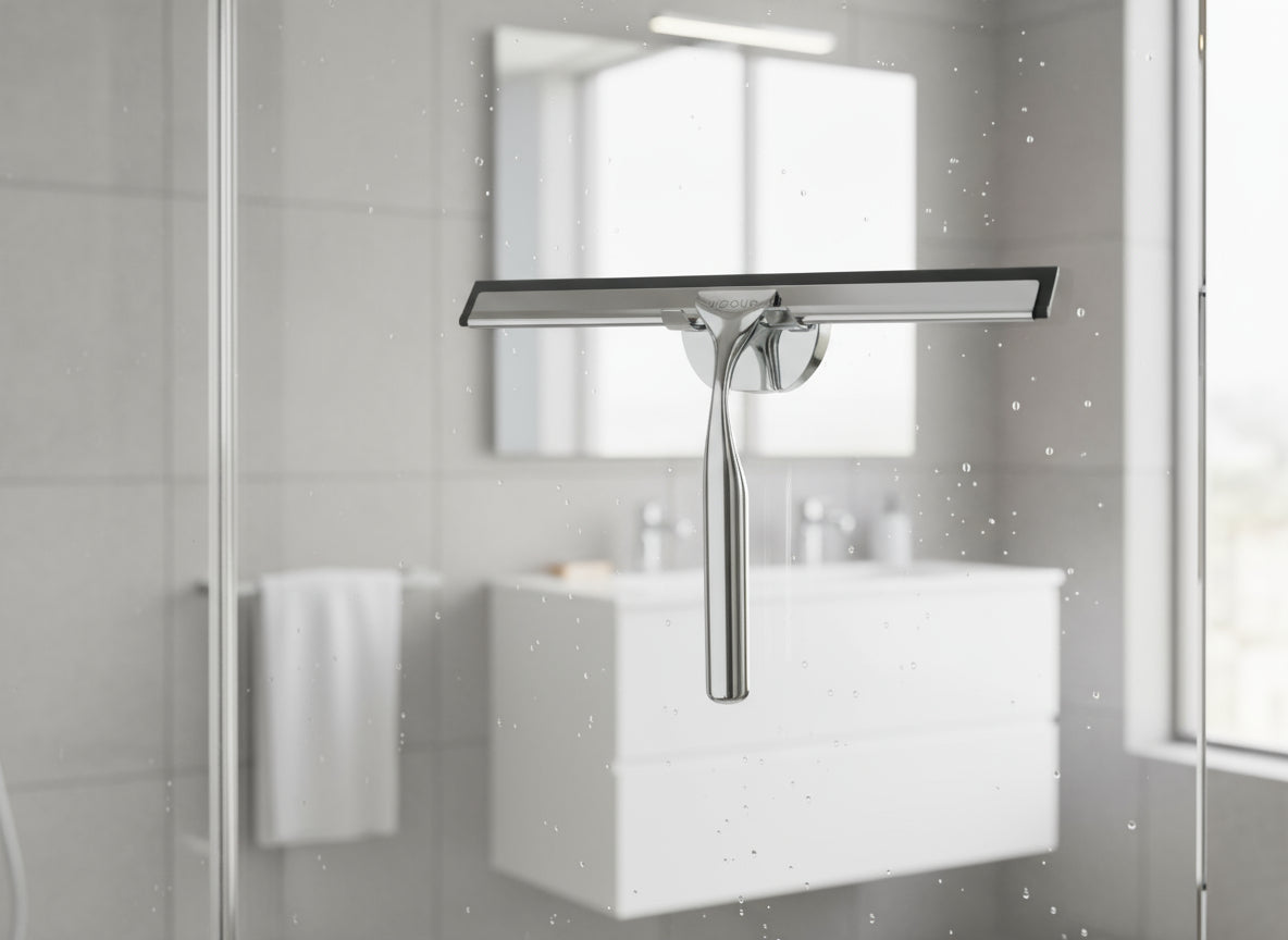 Vigour Duschwischer mit Wandhalterung verchromt – Silikonlippe hellgrau & Edelstahl-Schiene – Art.Nr. V3DW