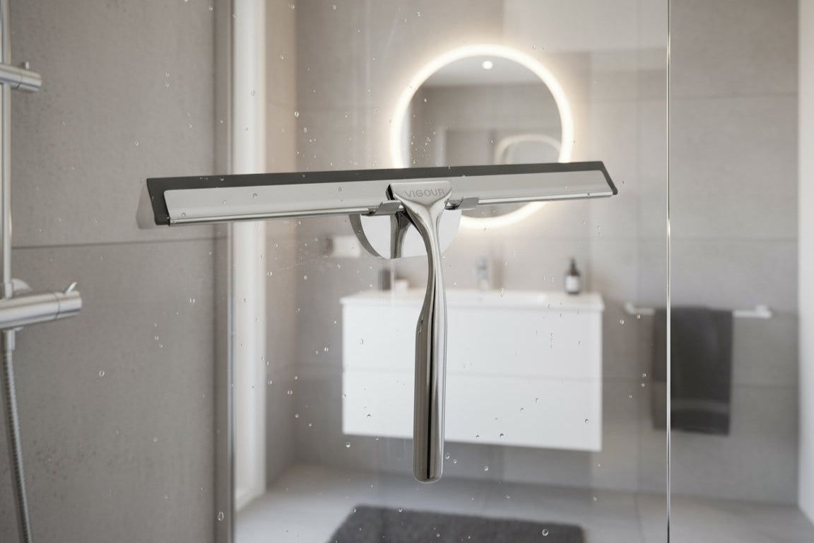 Vigour Duschwischer mit Wandhalterung verchromt – Silikonlippe hellgrau & Edelstahl-Schiene – Art.Nr. V3DW