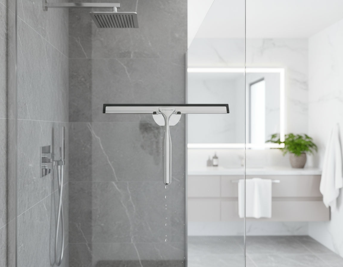 Vigour Duschwischer mit Wandhalterung verchromt – Silikonlippe hellgrau & Edelstahl-Schiene – Art.Nr. V3DW