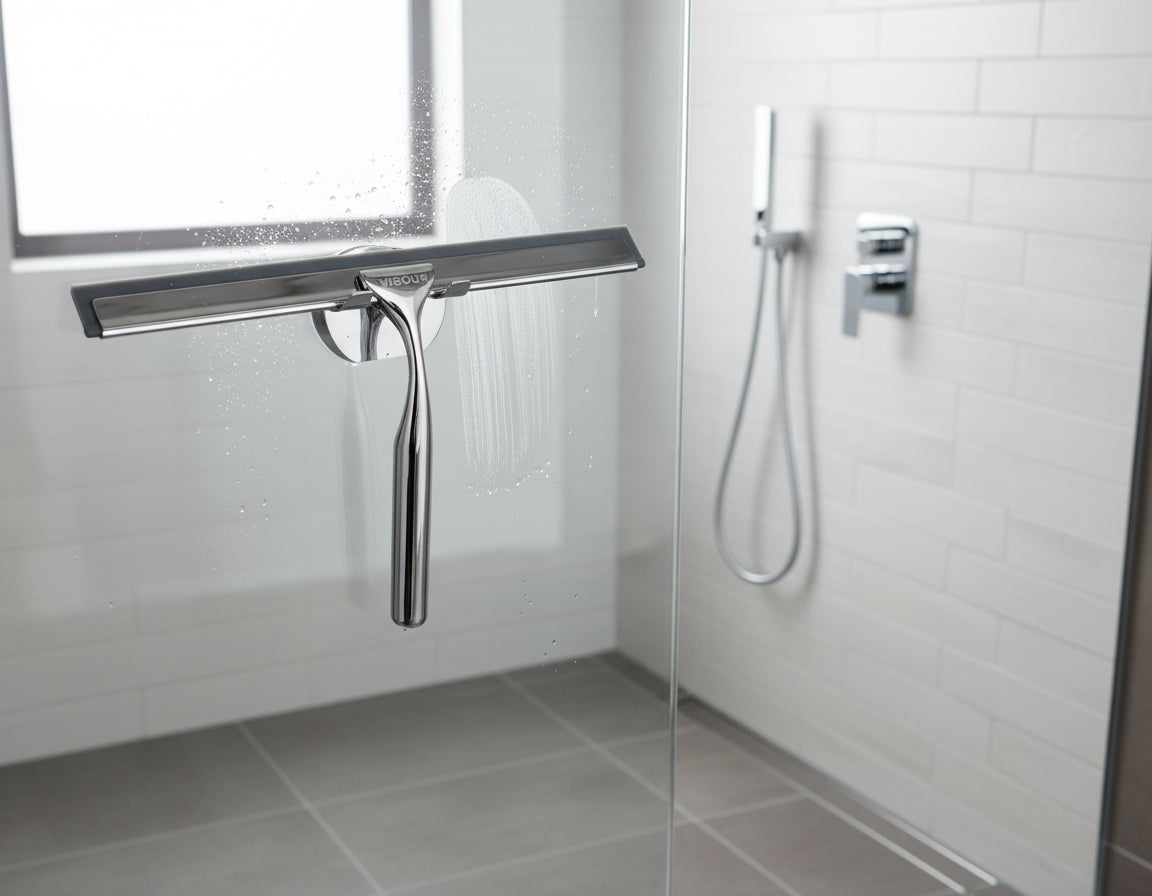 Vigour Duschwischer mit Wandhalterung verchromt – Silikonlippe hellgrau &amp; Edelstahl-Schiene – Art.Nr. V3DW