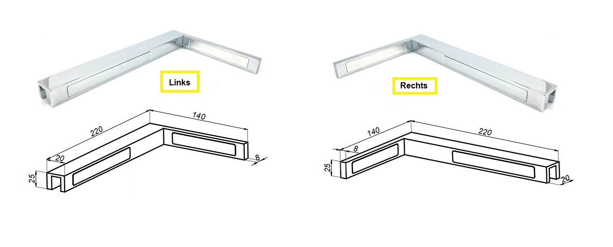 90° Stabilisierungswinkel 220 mm – für freistehende Glaswände ohne Glasbohrung