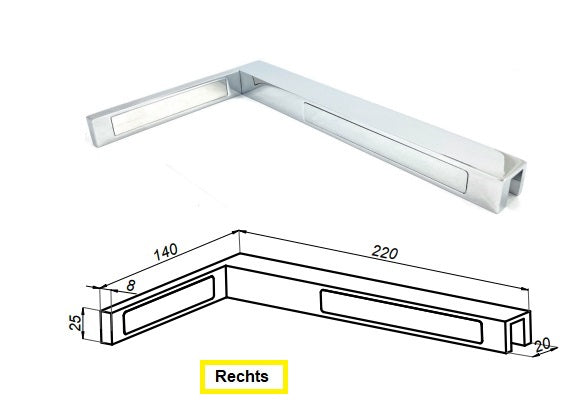 90° Stabilisierungswinkel 220 mm – für freistehende Glaswände ohne Glasbohrung