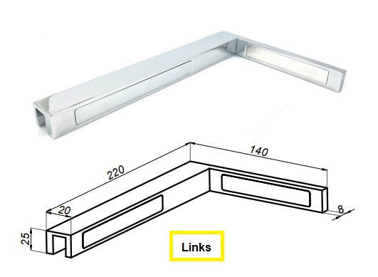 90° Stabilisierungswinkel 220 mm – für freistehende Glaswände ohne Glasbohrung