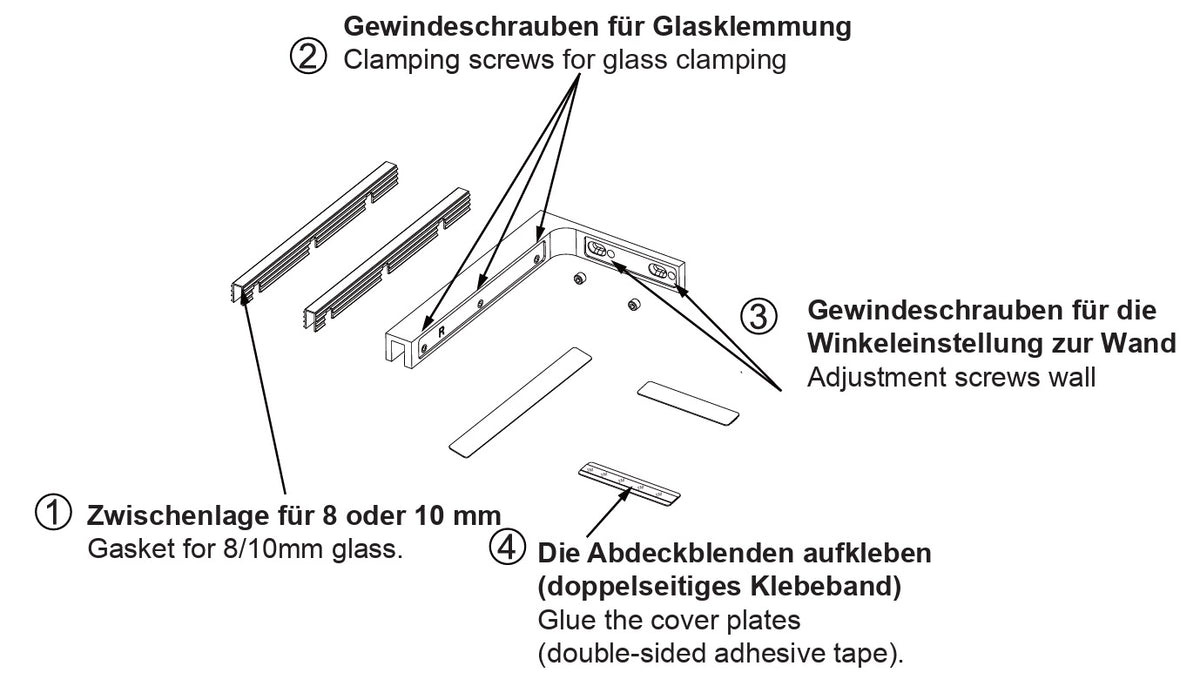 90° Stabilisierungswinkel 220 mm – für freistehende Glaswände ohne Glasbohrung