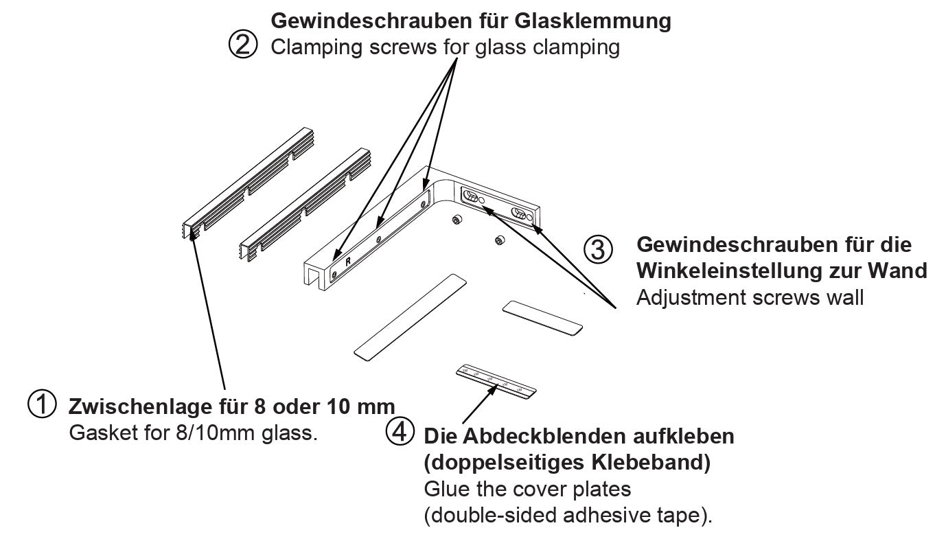 90° Stabilisierungswinkel 220 mm – für freistehende Glaswände ohne Glasbohrung